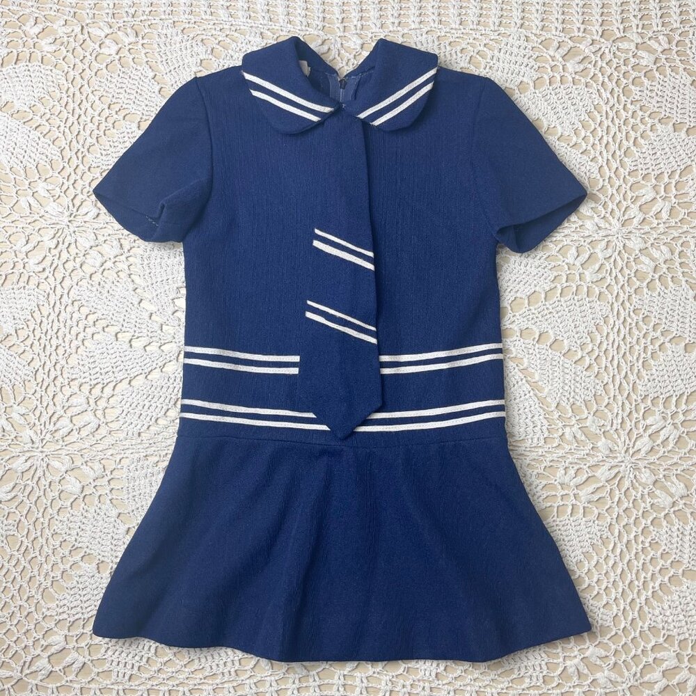 Vintage 1970s Girls 5 Years Navy Blue Polyester Drop Waist Preppy Tie Dress